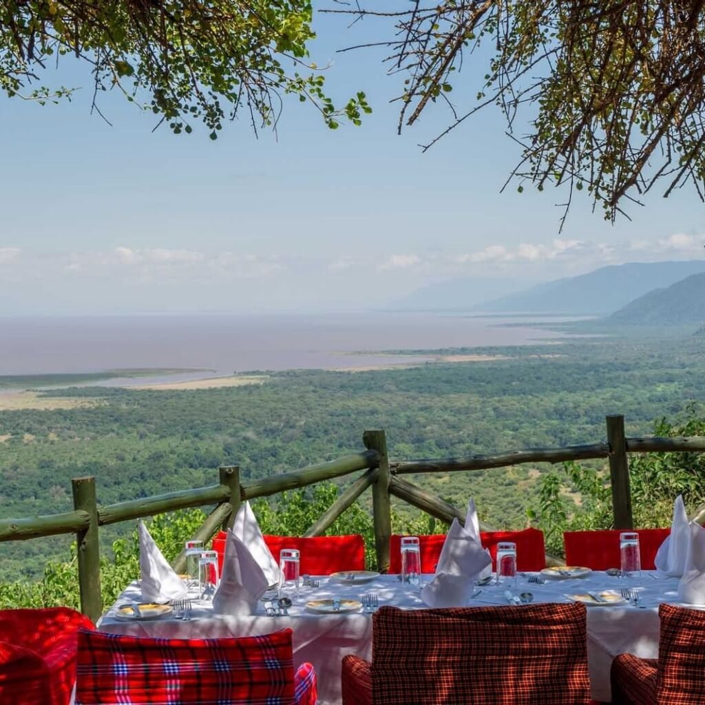 Luxury safari lodge dining with views on a Tanzania honeymoon